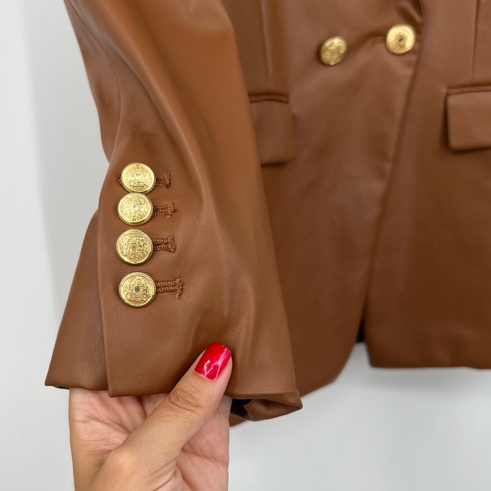 Zara Brown Tan Fall Faux Leather Double Button Blazer Oversized Coat SIze Small - Picture 5 of 5